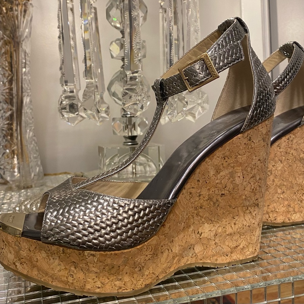 Jimmy Choo Pela Silver T-Strap Cork Platform Wedge Sandal Size 41